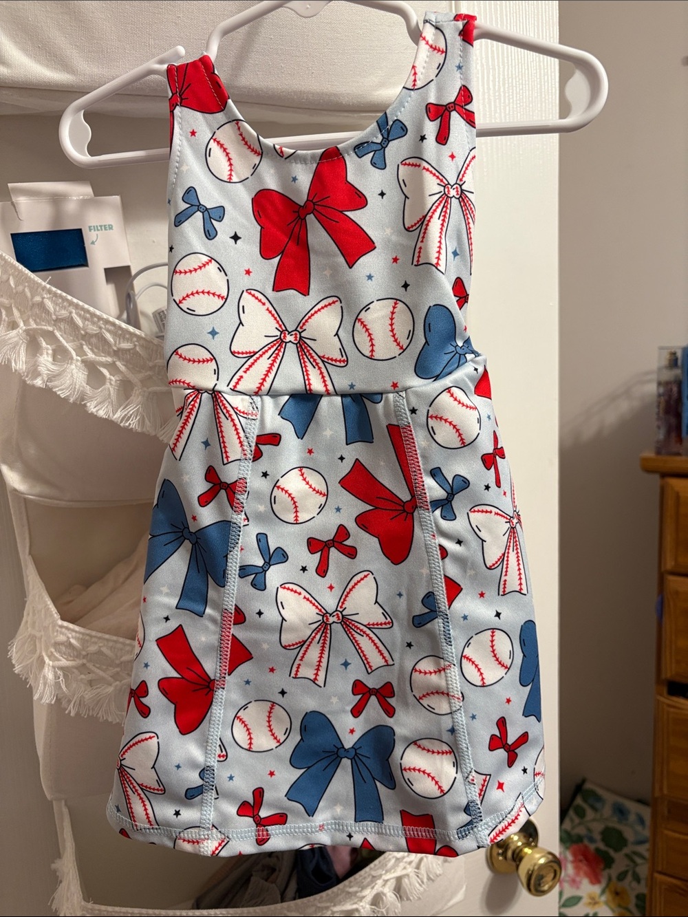 Kids Sleeveless Bow & Baseball Print Dress - Light Blue, Red & Navy